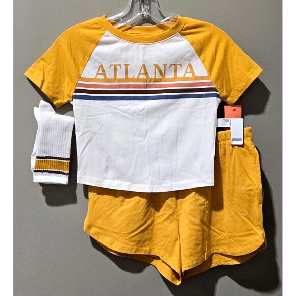 Colsie Retro ATLANTA Yellow Crop Top & Shorts 3 Pc Pajama Set -- Size Small 4/6 - Picture 2 of 9